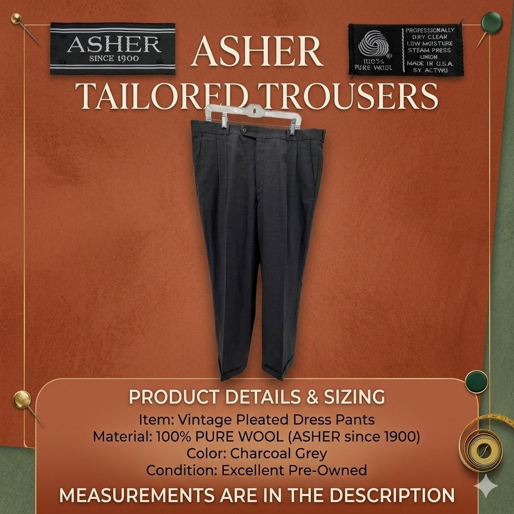 Vintage ASHER Wool Dress Pants‎ Men's 38x29 Charcoal Grey Pleated Cuffed USA
